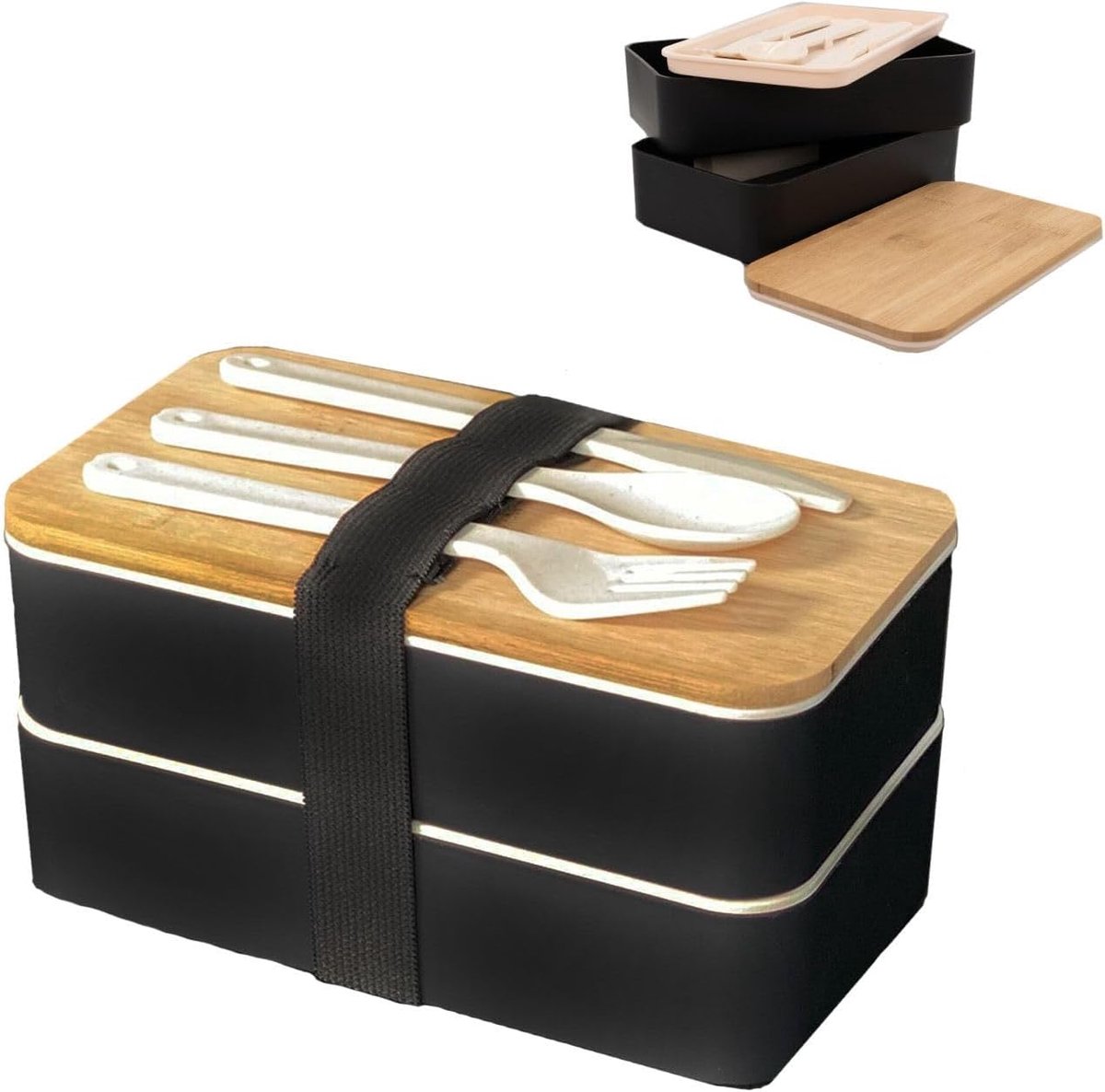 Lunchbox Bento Box met 3 compartimenten en bestek in het Zwart - 18.5 x 10.5 x 9.3 cm - Broodtrommel voor volwassenen kinderen voor school, werk, veilig afsluitbaar, met mes vork lepel