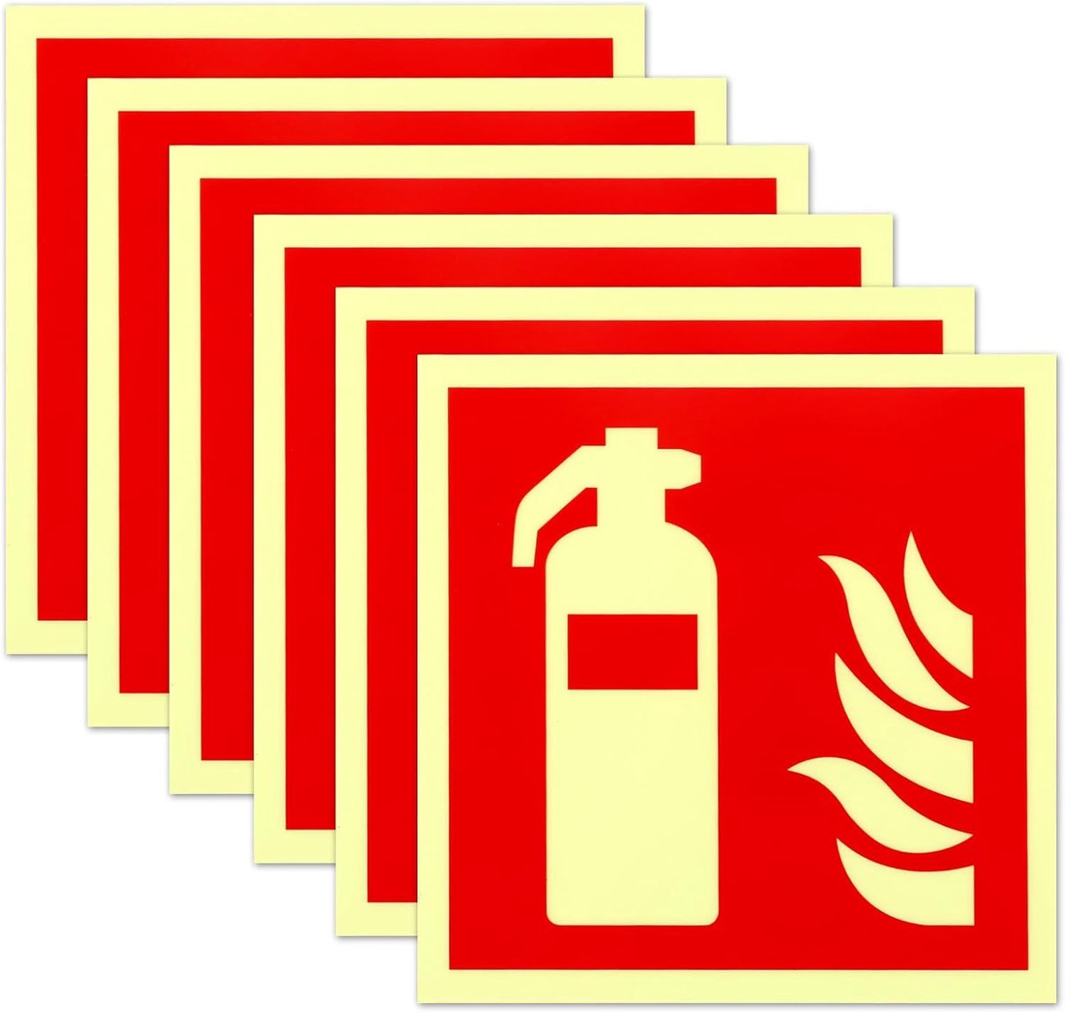 6 stuks, 15 x 15 cm, pvc, oplichtend, zelfklevend, brandbeschermingsborden, brandblusser, sticker, veiligheidsmarkering, brandbeveiligingssymbool, volgens ISO voor huis, kantoor,