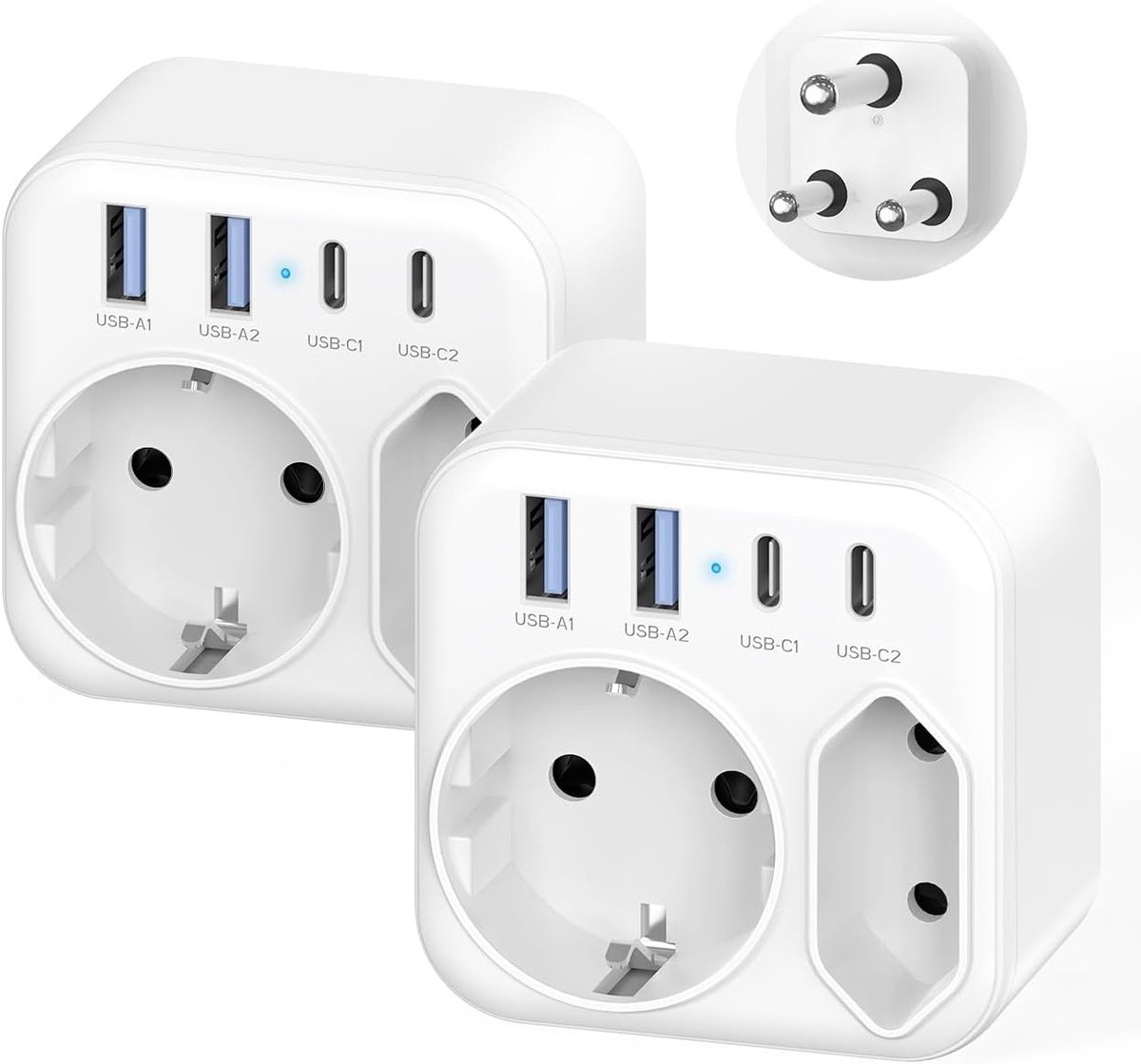 Set van 2 reisadapters voor Zuid-Afrika, EU-naar-Zuid-Afrika-adapter met 4 USB-poorten (2 Type-C) en 2 stopcontacten, reisstekker type M voor Namibië, Lesotho, Mozambique en Swaziland.