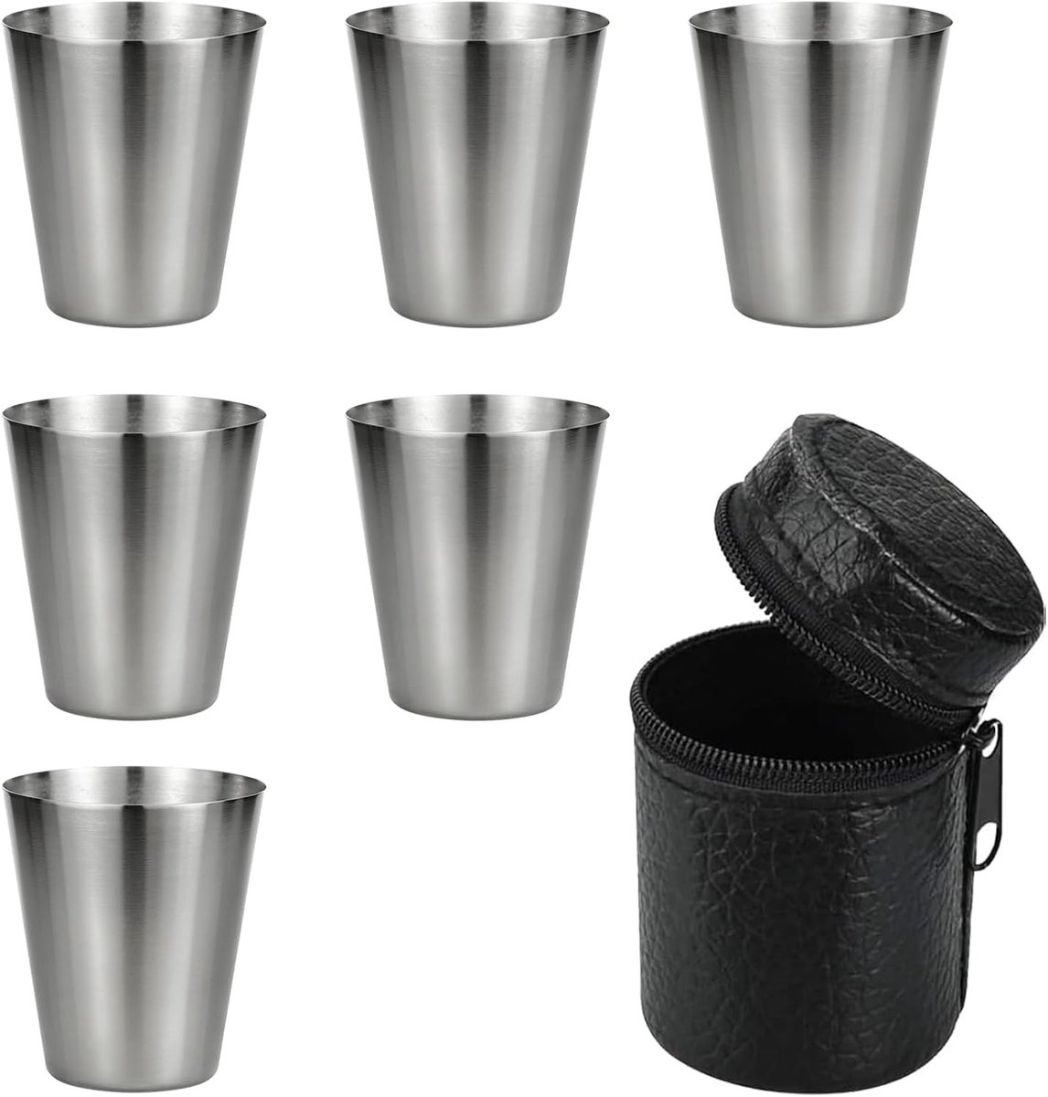 6 stuks roestvrijstalen borrelbekers, 30 ml roestvrijstalen beker met 1 leren tas, roestvrijstalen beker, campingbeker, draagbare metalen beker voor wandelen, picknick, outdoor, vakantie