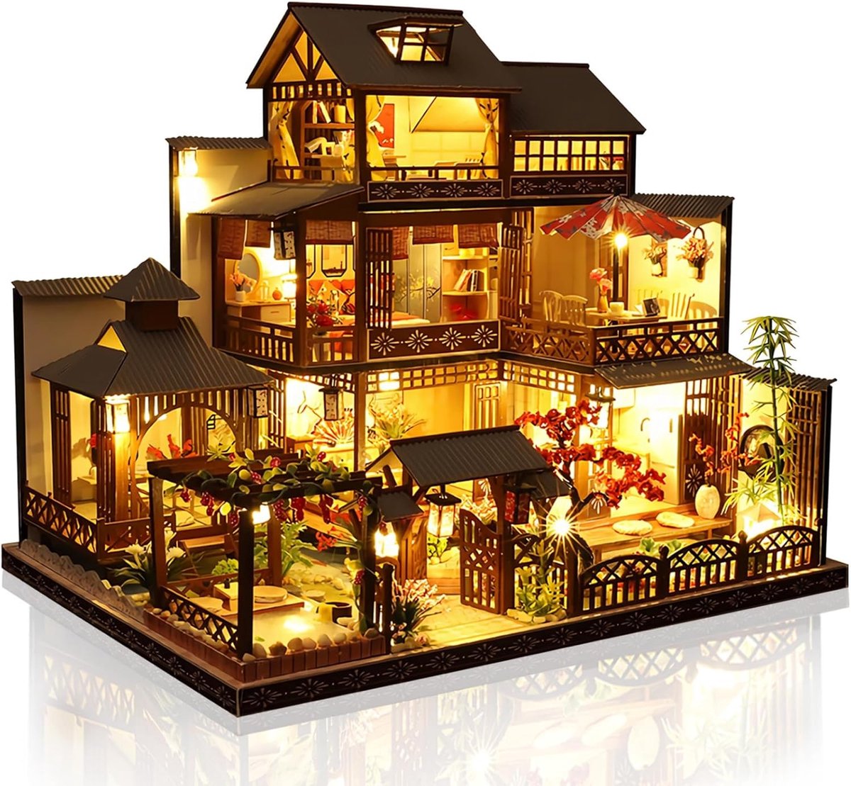 DIY miniatuur poppenhuis kit, houten poppenhuis kit met LED-licht, handgemaakt handwerk voor volwassenen tiener om te bouwen, maak je eigen droomhuis model (vrijetijdstuin)