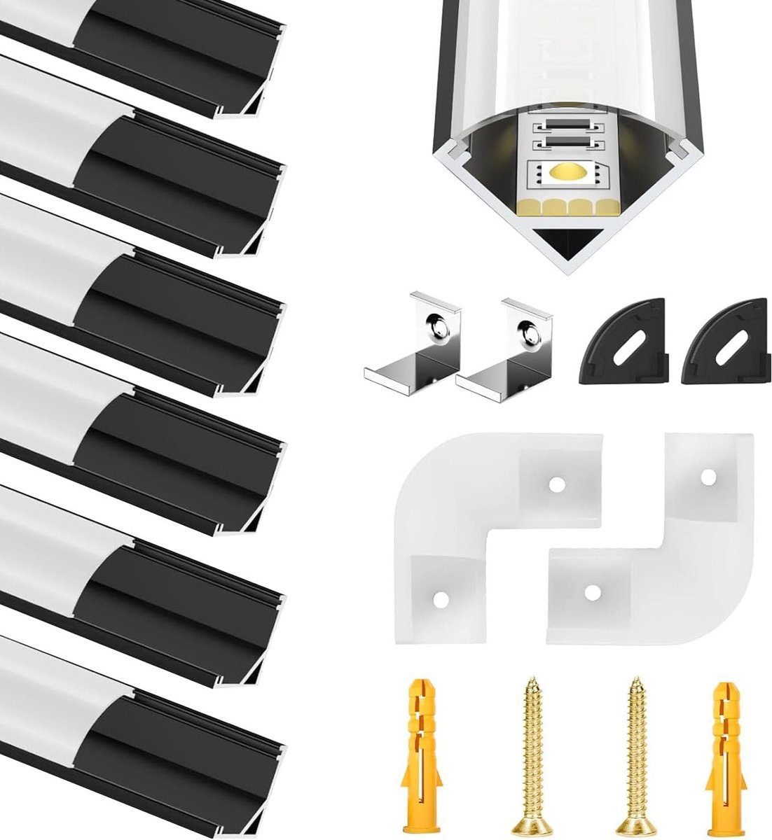kanaal, zwart, voor ledstrips, strips, strips, 6 x 1 m V-vorm, profiel met melkachtige witte afdekking, diffuser met 45 graden hoekverbindingen