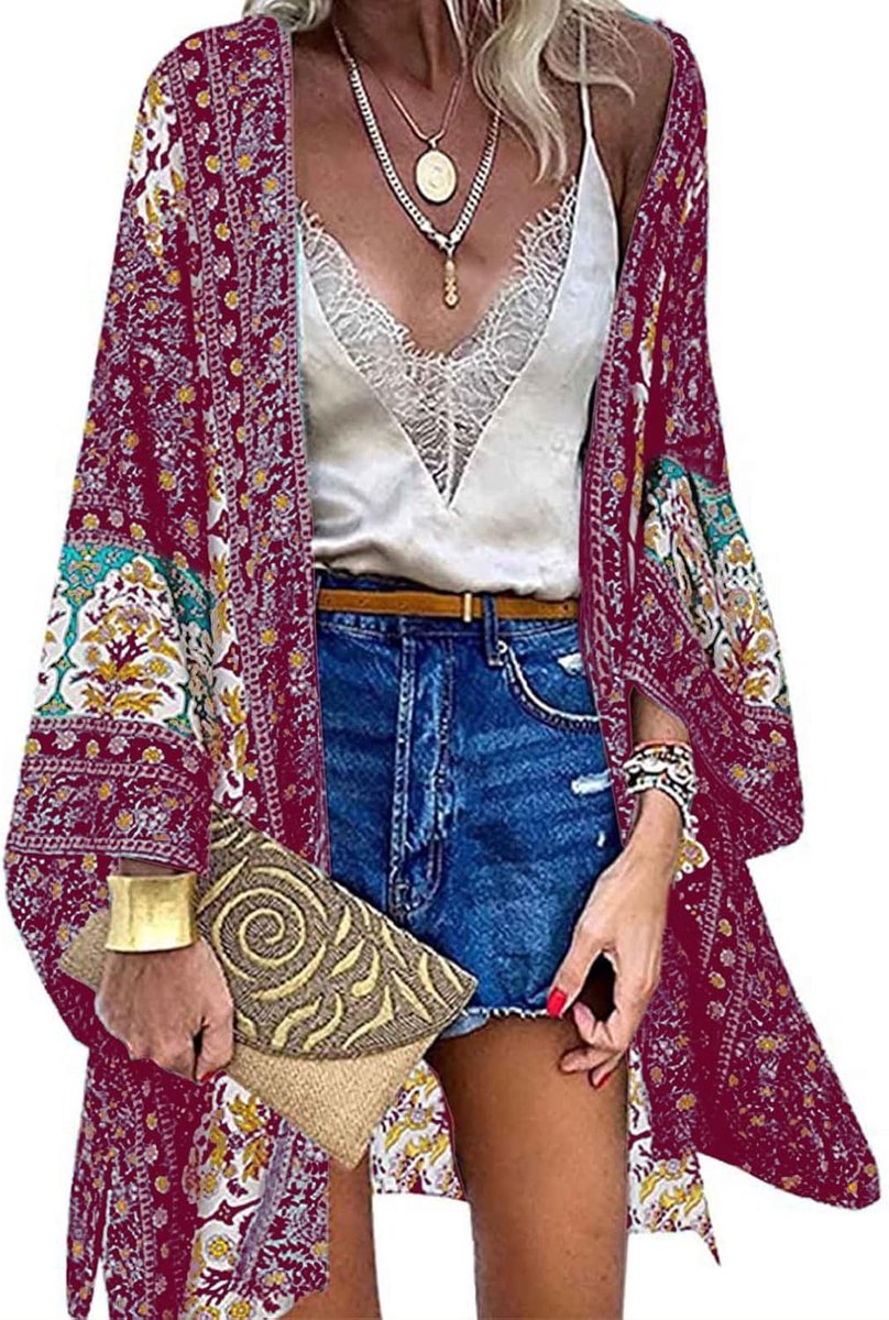 Kimono, vest, dames, bloemenprint, badmode, boho, elegant, beachwear, los, strand, cover-up, bikini, zomer, casual, boho, pareo, sarong, lange mouwen, open blouse
