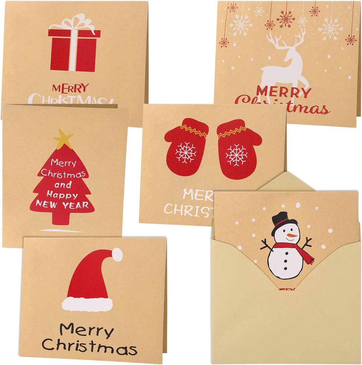 Kerstkaarten set 30 stuks - Kraft papier - 6 unieke ontwerpen - Voor het versturen van kerstgroeten - ShopVlot