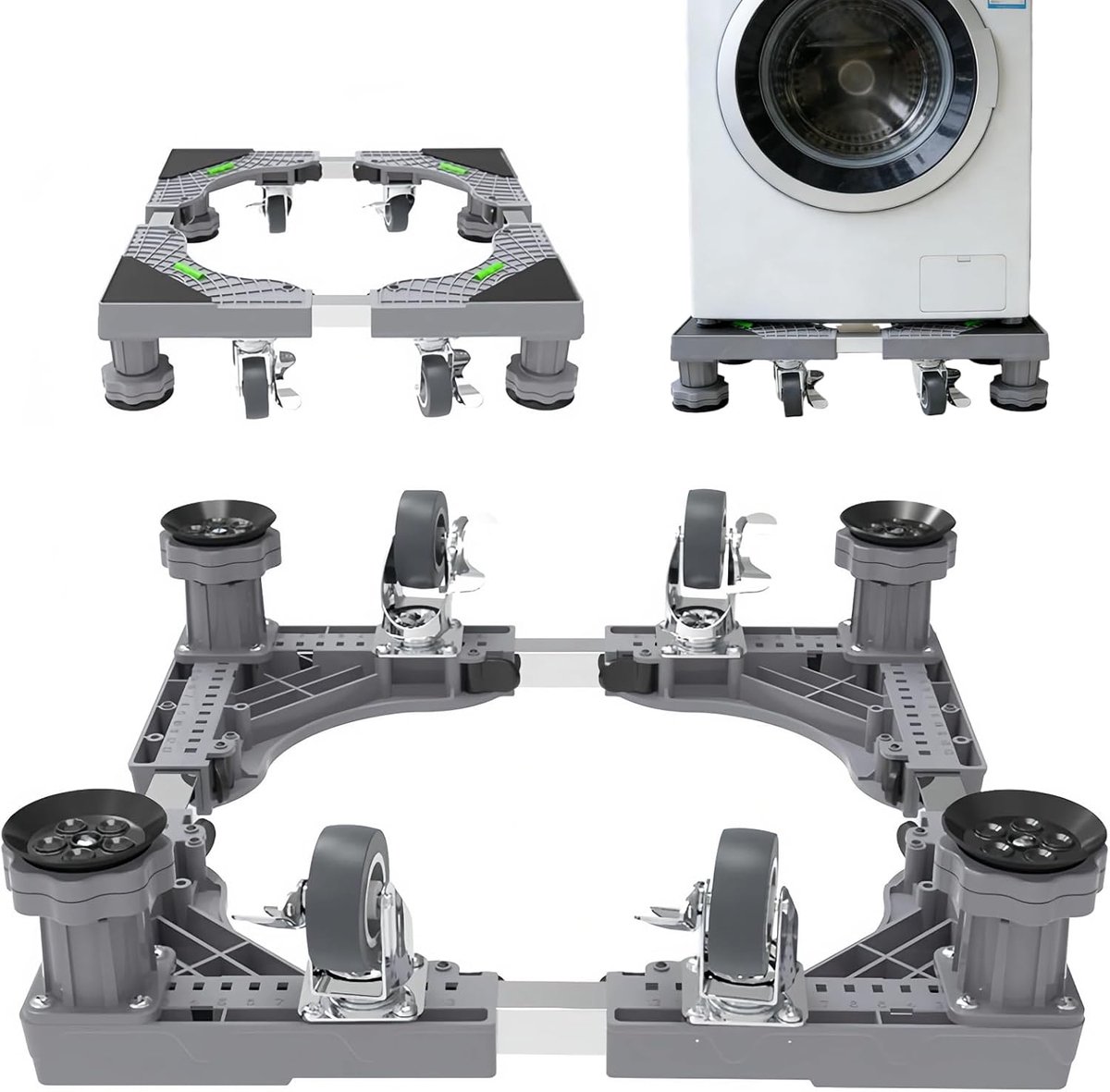 Wasmachinestandaard, verstelbare wasmachinebasis, wasmachine-verhoging, wasmachine-onderstel met 4 poten, droger, wasruimtes en koelkasten (instelbaar: 42-65 cm)