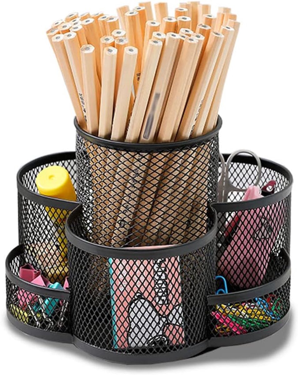 SnelShoppen - 360° Rotatie Multifunctionele Pennenhouder, Draadmesh Bureau Organizer, Rotating Potlood Houder, Hoge Capaciteit, met Antislip Rubber Ma