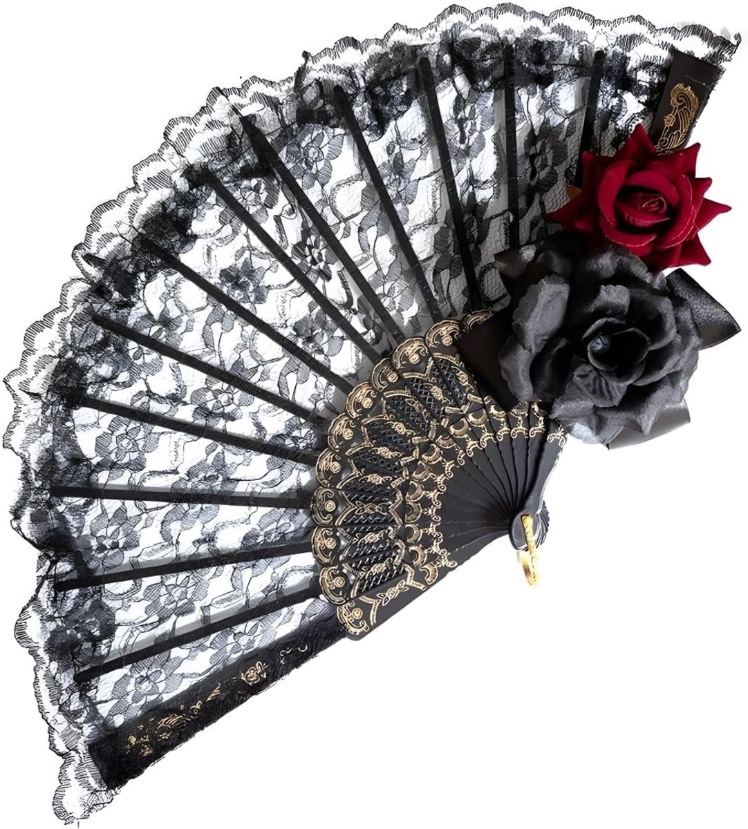 Vouwventilator met punt, zwarte handwaaier, decoratie, zwarte punten, vouwwaaier, dans-vouwventilator, handventilator, vintage accessoires voor dames, met rozen, voor bruiloften en feesten