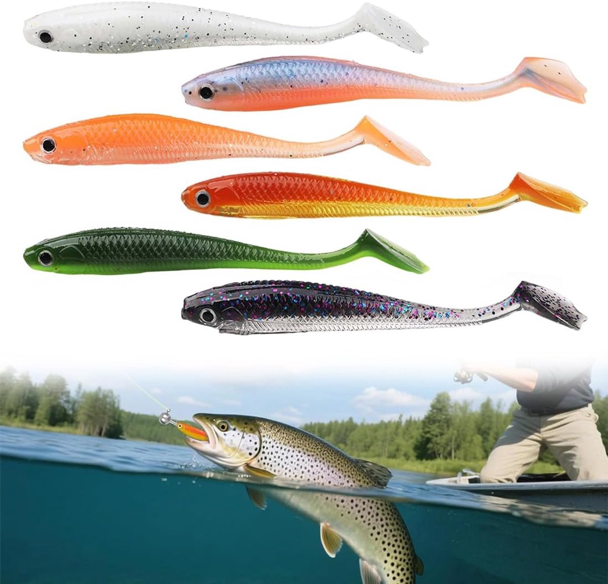 SnelShoppen - 6-delige Rubber Vissen Bait Set voor Zander en Snoek - Kleurrijke Zachte Vissen Lures voor Zoet en Zout Water - Perfect voor Vissers