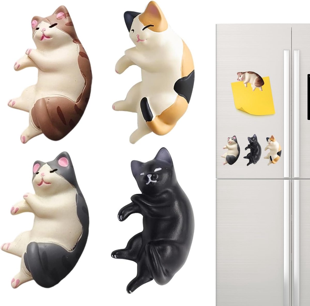 SnelShoppen - Koelkastmagneten Katten 4 Stuks - Realistische Liggende Positie - Duurzaam Hars - Zwart en Grijs - Voor Thuis, Kantoor, School, Cadeau-i