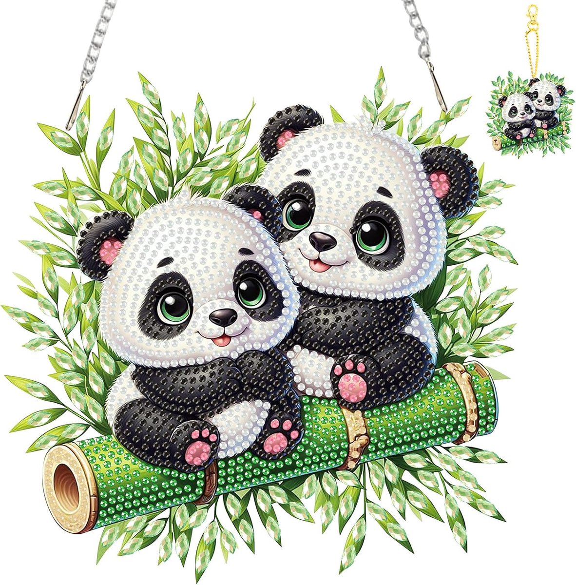 SnelShoppen - Panda Hangende Diamantkunst en Sleutelhangers Borden - DIY Diamant Schilderij Ornamenten met Ketting - Dubbelzijdige Woondecoratie voor