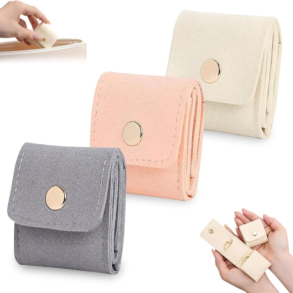 SnelShoppen - Mini Sieraden Case Reis Vouwbaar Multifunctionele Reis Sieraden Tas voor Oorbellen, Kettingen, Ringen, Armbanden, Broches, 3 Stuks, Beig