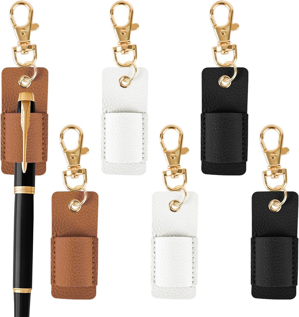 SnelShoppen - 6-Pack Lederen Penhouder voor Lanyard, Pocket Pen Clip voor Clipboard, Sleutelhanger, Badge Reel (1 Gat, 3 Kleuren)