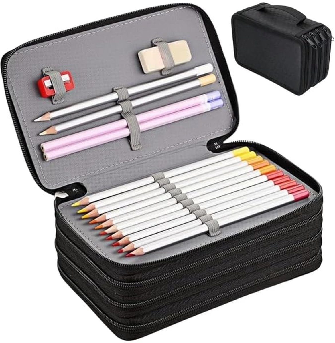 72 sleuven mapjes groot: etui met ritssluiting, super grote capaciteit 4 vakken etui voor school studenten, werk, kantoorpen organizer houder schoolmateriaal, zwart