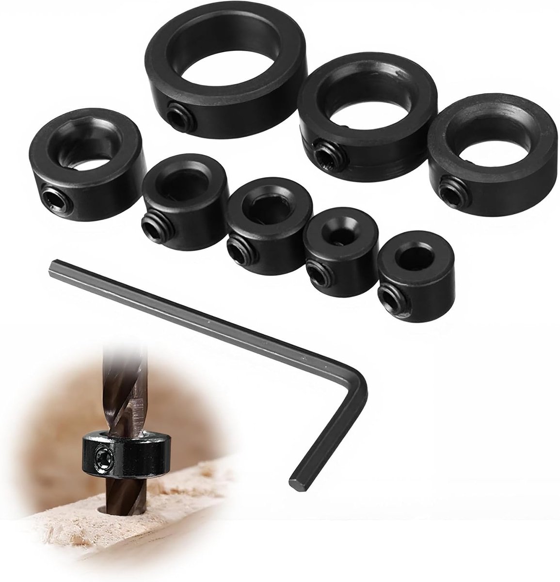 8 stuks diepteaanslagringen set, 3/4/5/6/8/10/12/16 mm diepteaanslag stelring met zeskantsleutel, boordieptebegrenzer positieregelaar voor houtbewerking positioneren diepteregeling boor