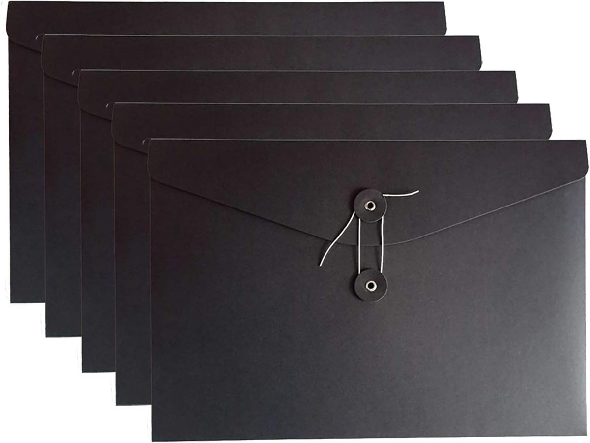 Kraft String Envelope File Map Project Pockets File Jacket Document Organizer Flat-No Expansion A4 Letter Size (zwart, Pack van 5)