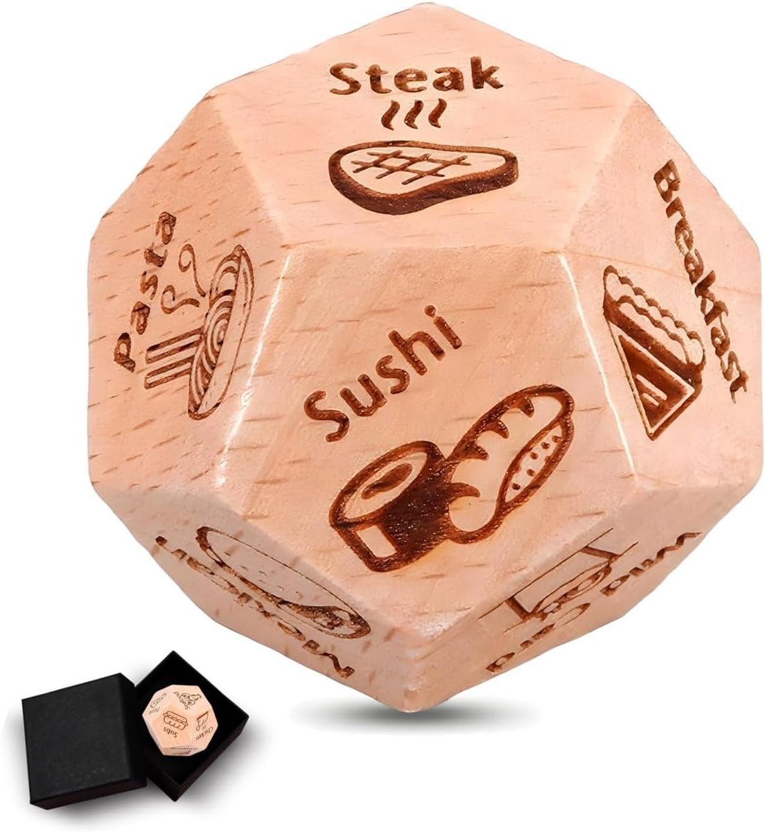 dobbelsteen - Avondeten beslissen - Keuzestress - Voedseldobbelsteen - Diner - Keuzehulp - 12 opties - Hout - 3cm - Jonyx