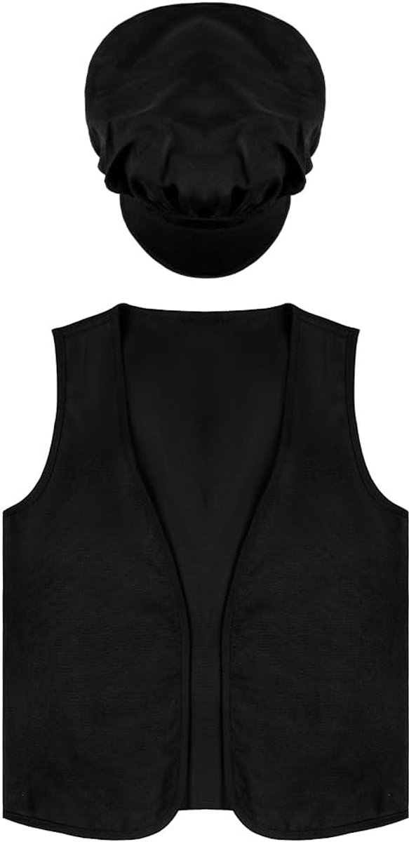 Victoriaans Pauper-kostuum voor kinderen, zwart 2-delig vest en hoedenset, schoorsteenveger Halloween verkleedjurk, Victoriaanse rollenspeloutfit voor kinderen