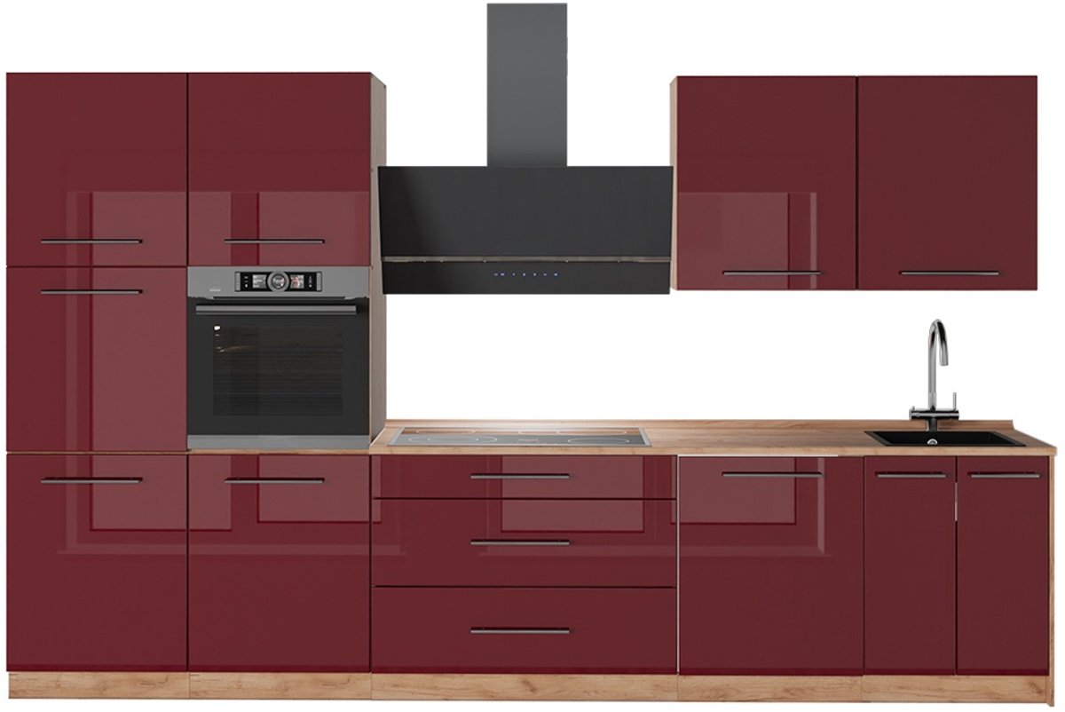 Vicco Complete keukeneenheid Fame-Line, Bordeauxrode hoogglans/Goudkleurig Eiken, 340 cm, WB Eik