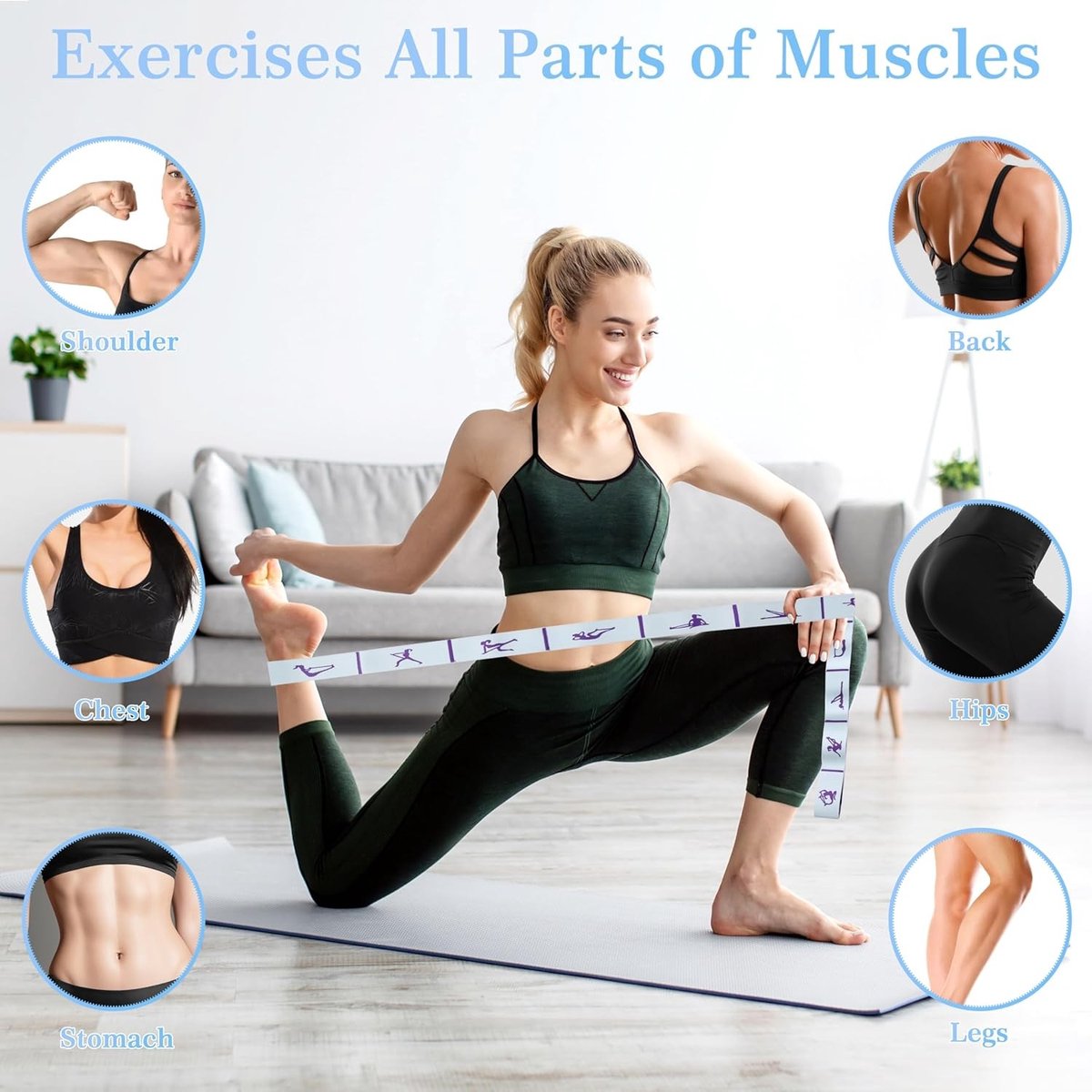 Yoga Stretching Strap met 12 Lussen - Elastische Stretchband voor Pilates, Dans en Gymnastiek - Effectieve Oefeningen voor Flexibiliteit en Krachttraining