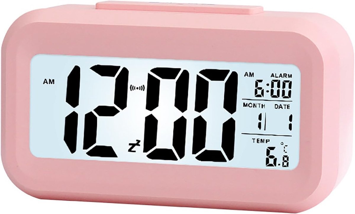 12/24 uur digitale wekker nachtkastje klok met achtergrondverlichting LCD-display datumkalender en temperatuurweergave (roze