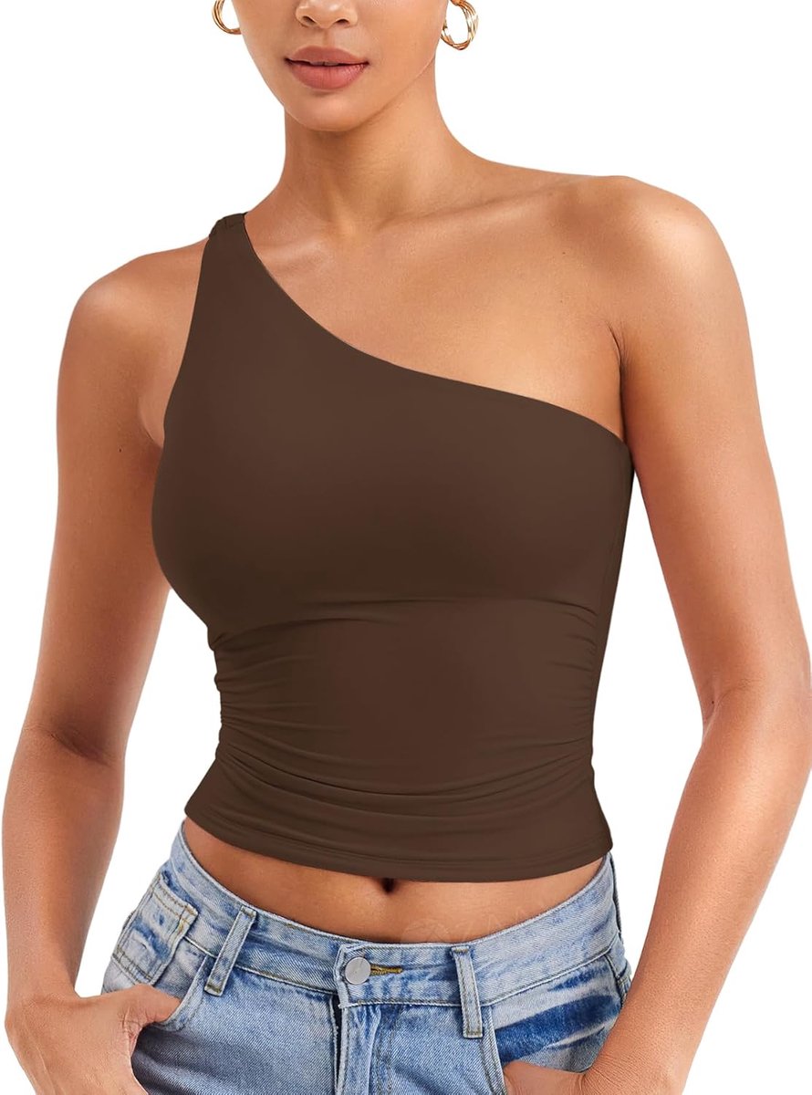 Dames One Shoulder Tank Tops Schoudervrij Bovendeel Y2K Slim Fit Crop Top Sexy Zomer Tops Double Lined Mouwloos Cropped Tee Shirt