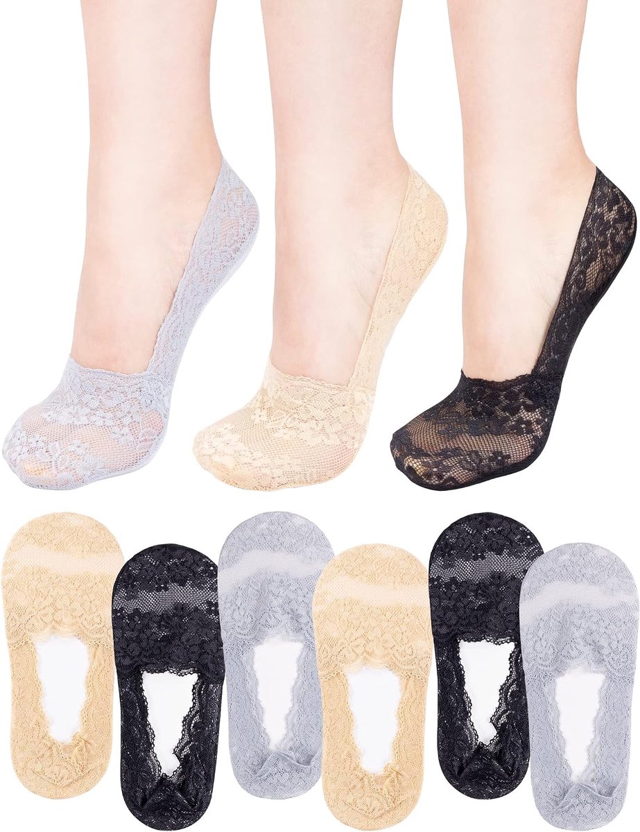 6 paar damessokken, onzichtbaar, antislip, korte sokken van kant, ademend, zwart, grijs, naakt, zwart, grijs, nude, one size