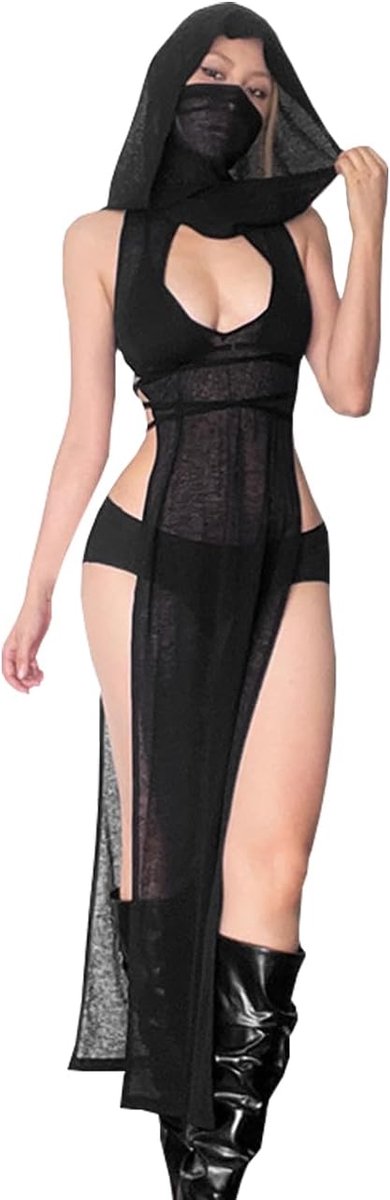 High Split Hooded Rave Outfits Goth Devil Cosplay Kostuum Sheer Transparante Lingerie Jurk