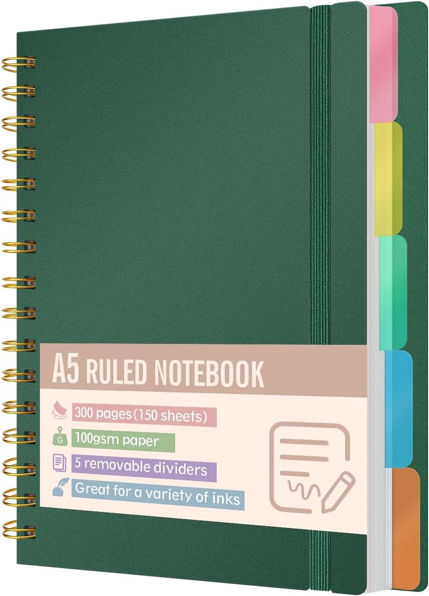 A5, gelinieerd, met 5 uitneembare scheidingsbladen, 300 pagina's papier, 100 g/m², hardcover, spiraalbinding, notitieboek met tabs voor school, kantoor en universiteit