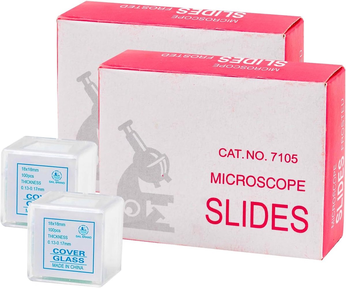 SnelShoppen - 100 stuks voorgelakte microscopische glazen slides en 200 stuks voorgelakte dekglaasjes voor microscopen, hoogwaardig optisch glas, 7.6x