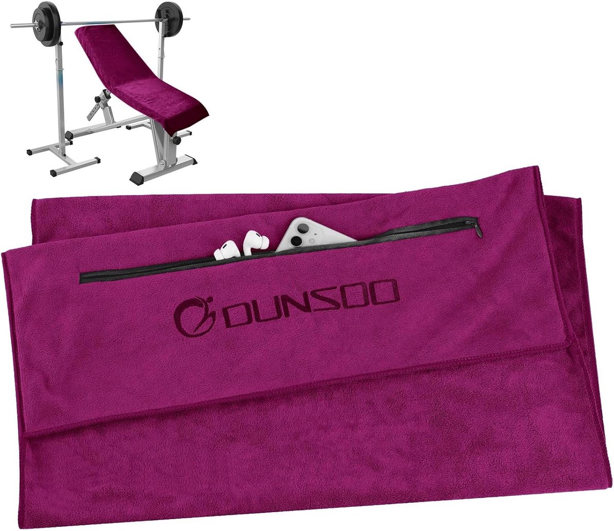 Fitness handdoek - Sporthanddoek microvezel - Sportschool training - Met ritsvak - 120 x 50 cm - Wijnrood