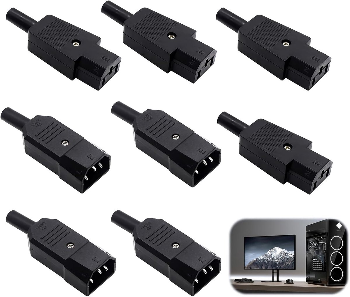 SnelShoppen - Pack van 8 IEC 320 C14 Stekker naar C13 Stopcontact voor Computer, Printer en Monitor, AC 250V 10A, 3-Pin Laskabel Adapter voor DIY Proj