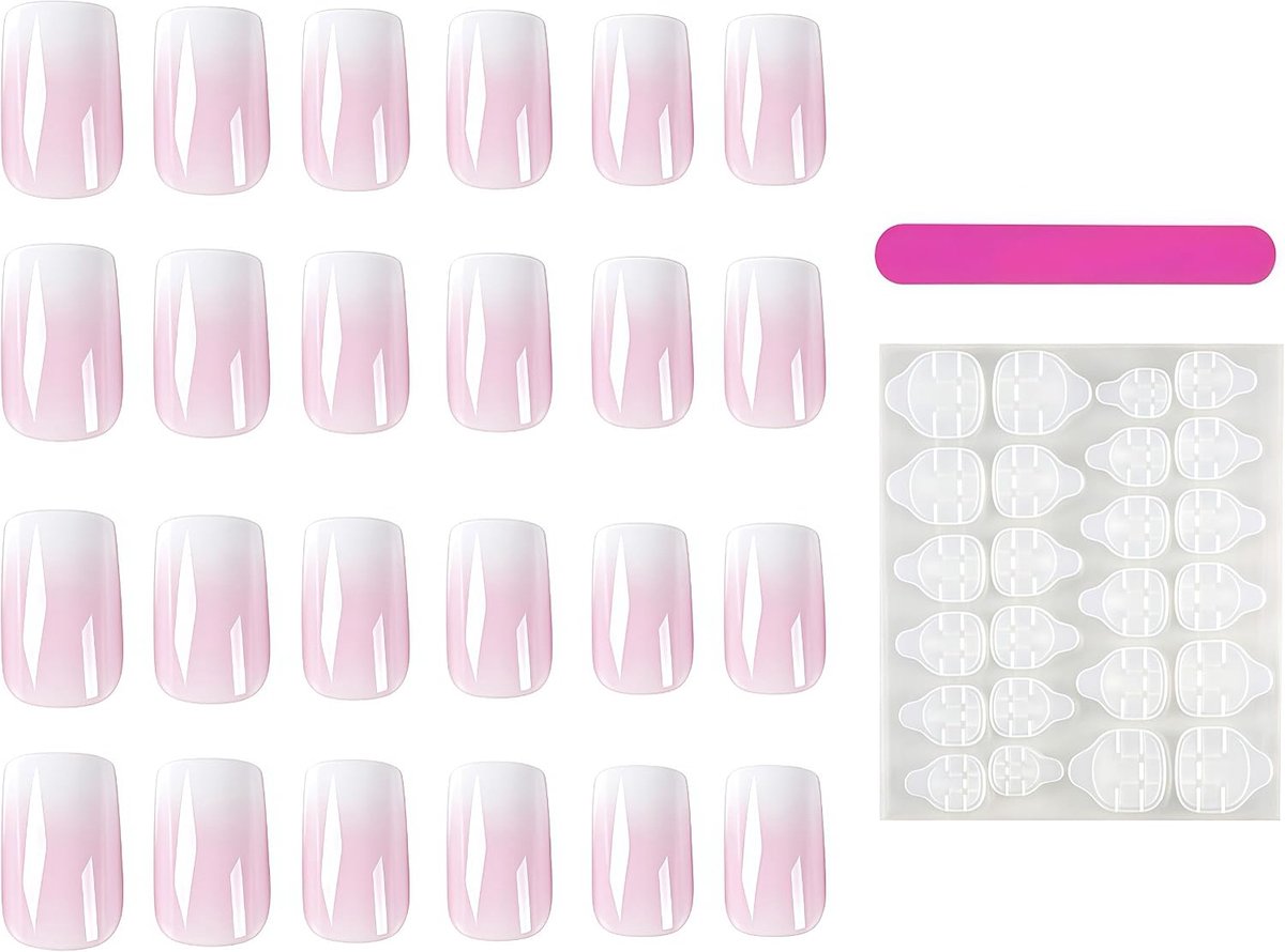 Nagels set van 24 - roze witte kleurverloop - vierkant - gemakkelijk aan te brengen - ShopVlot