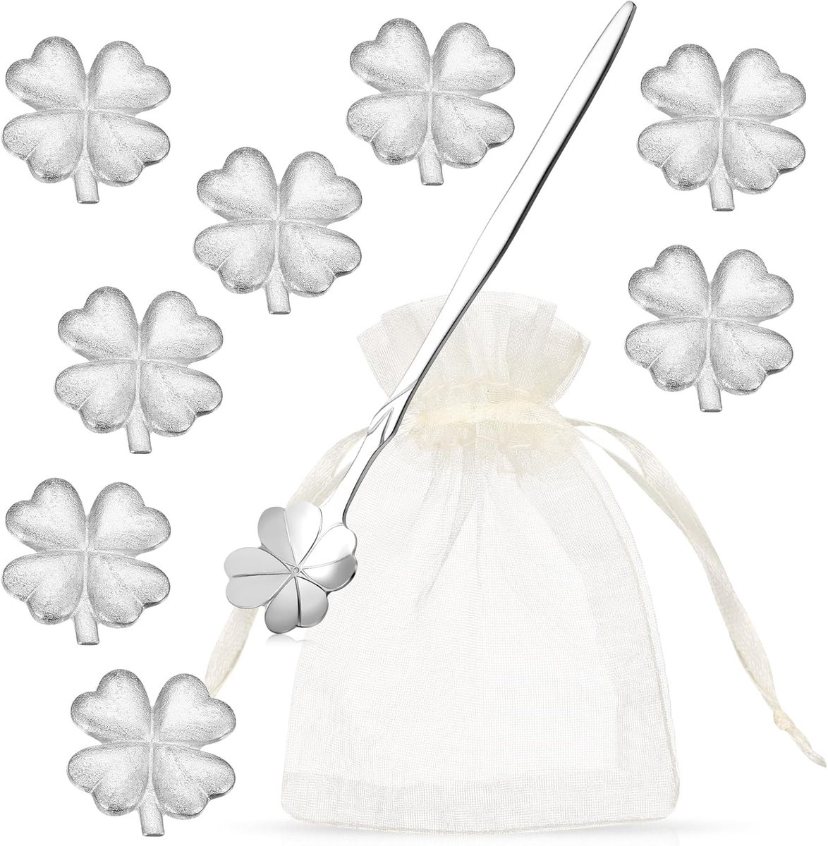 SnelShoppen - 8-Delig Blik Gieten Set, Nieuwe Jaar Feest Set met Lepel en Organza Zak, Duurzaam en Gezond Alternatief voor Loodgieten (Vier Blad Kruid