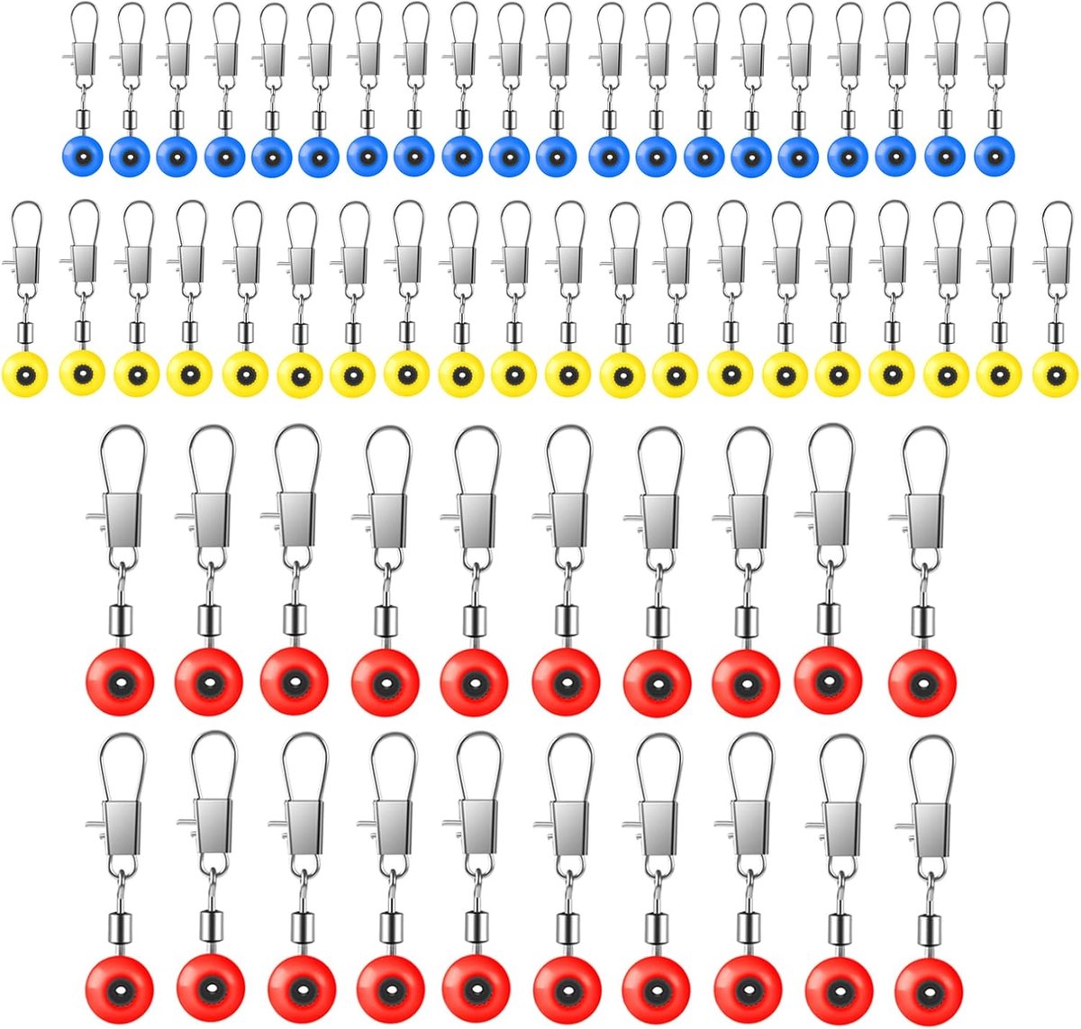SnelShoppen - 60 Stuks Vis Verbindingsstukken, Vissen, Wisselstukken, RVS Haak en Carabiner voor Visswivels, 3 Maten, Rood, Geel, Blauw