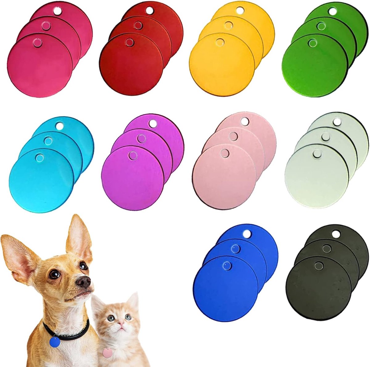 30 stuks ronde blanco huisdier-ID-tags, gemengde kleuren honden-ID-tags dubbelzijdige huisdiernaam telefoonnummer ID-tags sleutelhangers voor honden en puppy's, 0,98 x 0,98 inch