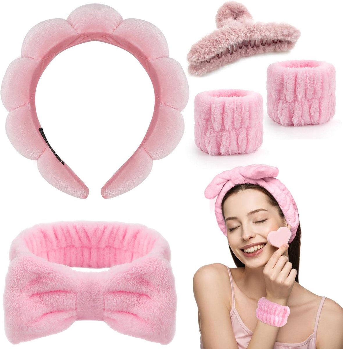 cosmeticaset met 2 stuks polswasband en 3 stuks haarklemmen pluche, spa-hoofdband voor het wassen van het gezicht, voor het wassen, gezicht, baden, yoga, oefeningen, huidverzorging