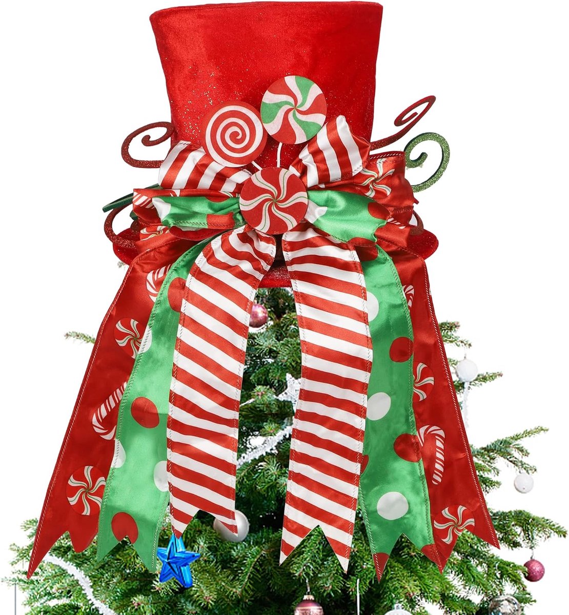yofit Kerstboom Topper Hoed, Grote Rode Hoed met Gestreept Strik Lint & Lolly, Kerstboom Decoraties Top Hoed, Desktop Ornamenten voor Thuis Xmas Vakantie Winter Decor