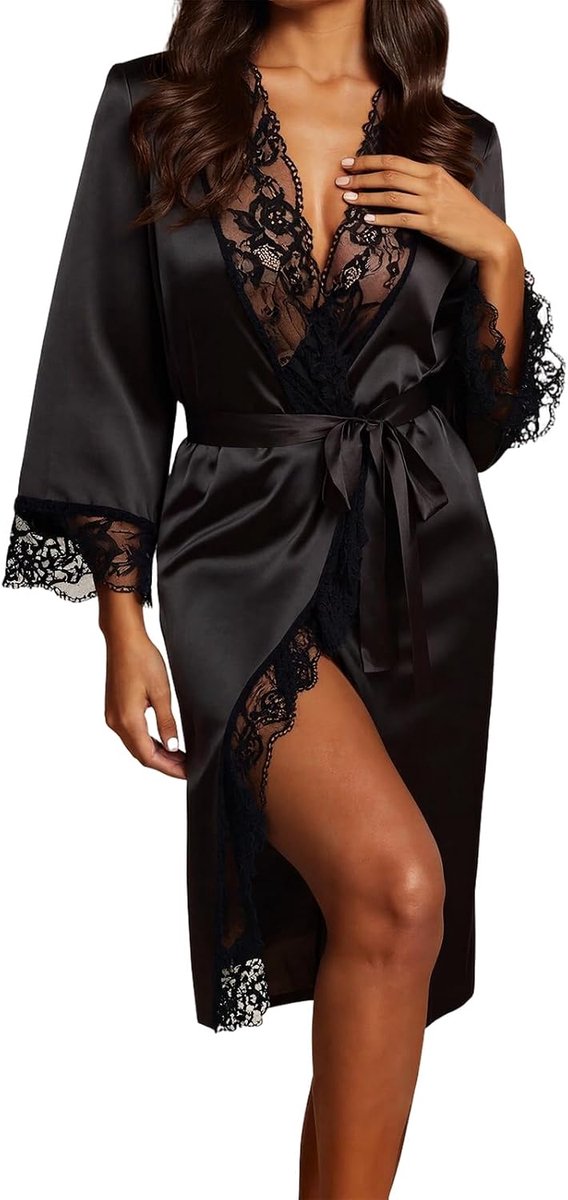 Ochtendjas Dames, Lange Bruidsbadjas Met Kanten Afwerking, Zijden Kimono Ochtendjas Voor Bruiden, Lichtgewicht Damesjas, Zwarte Damesbadjas