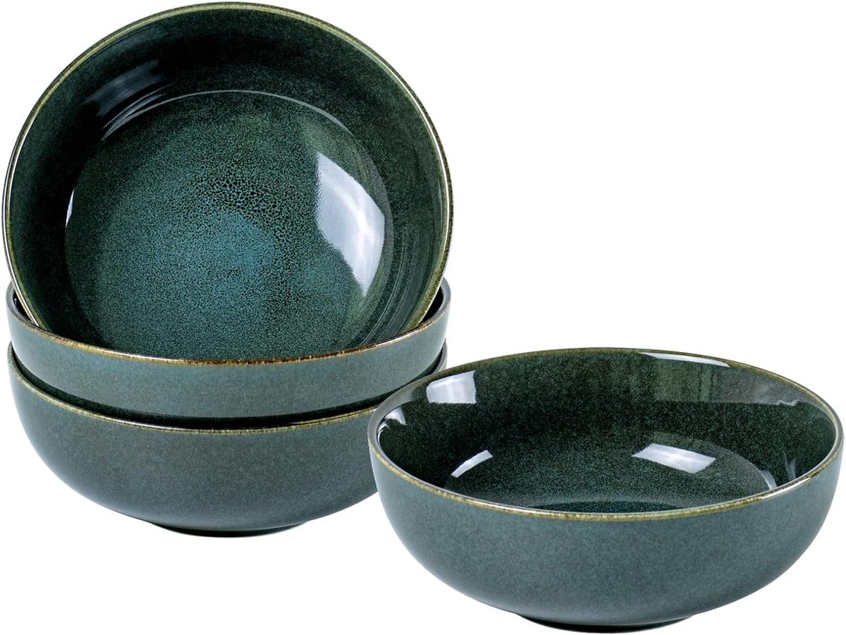 Soepkommen, Groene Ontbijtkom 16 cm - 18OZ, Ideaal als Slakom, Dessertkom, Cornflakes Kom, Tafelservies voor 4 Personen, Vaatwasmachinebestendige Serviesset