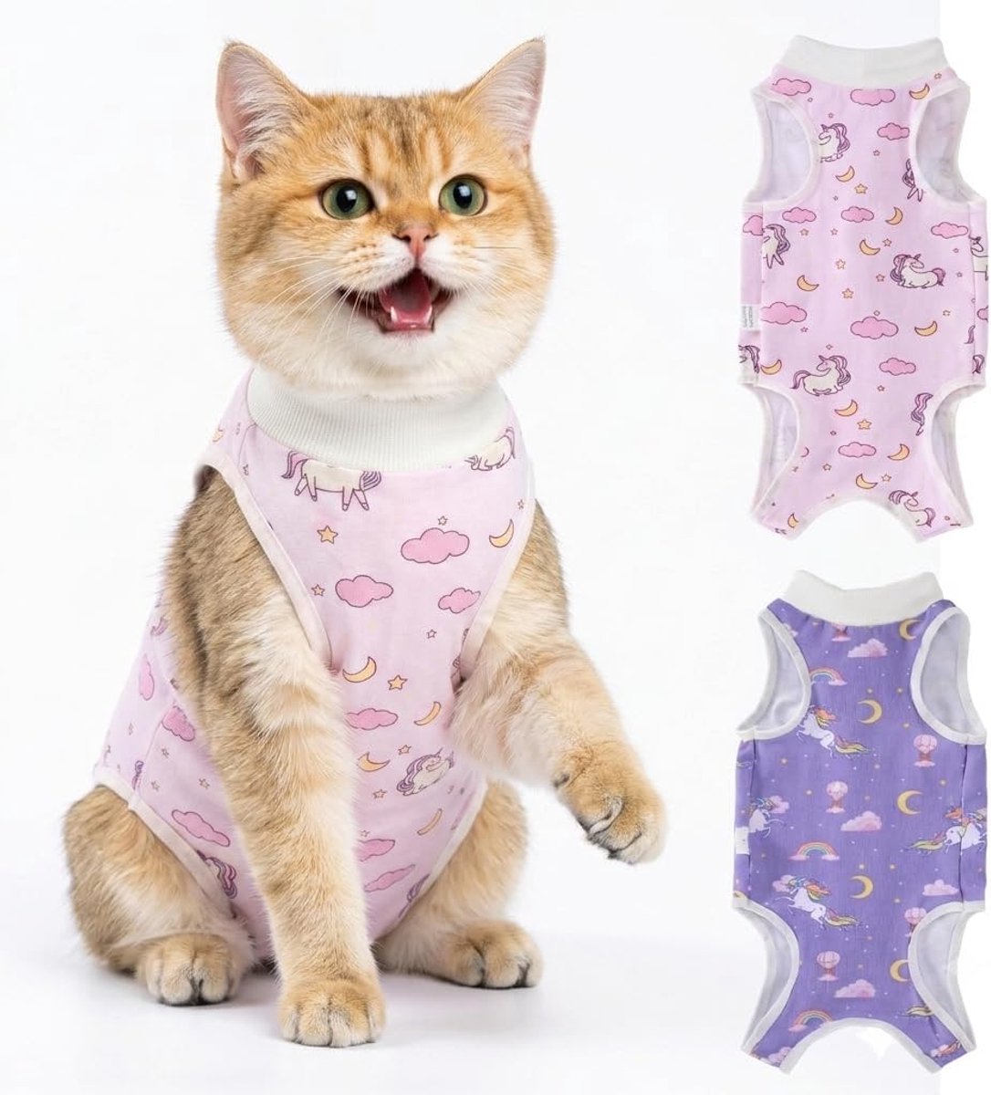 2-delig kattenbody voor katten, na kastratie, sterilisatie, stoppen, anti-rimpel beschermend pak voor buikwonden, eenhoorn (L)