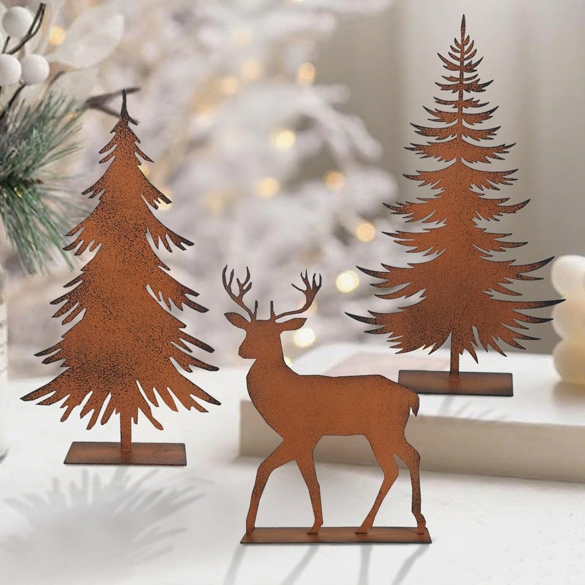 roeststeker, kerstboom, hert, set van 3, weerbestendig metaal, roest, tuindecoratie, Kerstmis, tafeldecoratie, kerstdecoratie, outdoor, tuinstekers voor buiten, terras, balkon (roest)