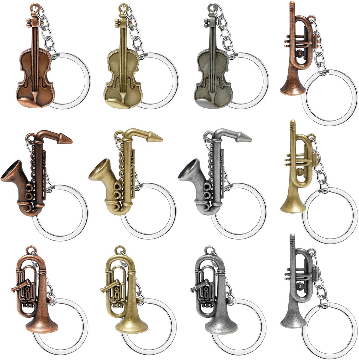 12 Stuks Metalen Muziek Sleutelhanger met Viool, Trombone Trompet, Saxofoon Muziek Hanger Sleutelhanger Cello voor Muziekliefhebbers Heren en Dames