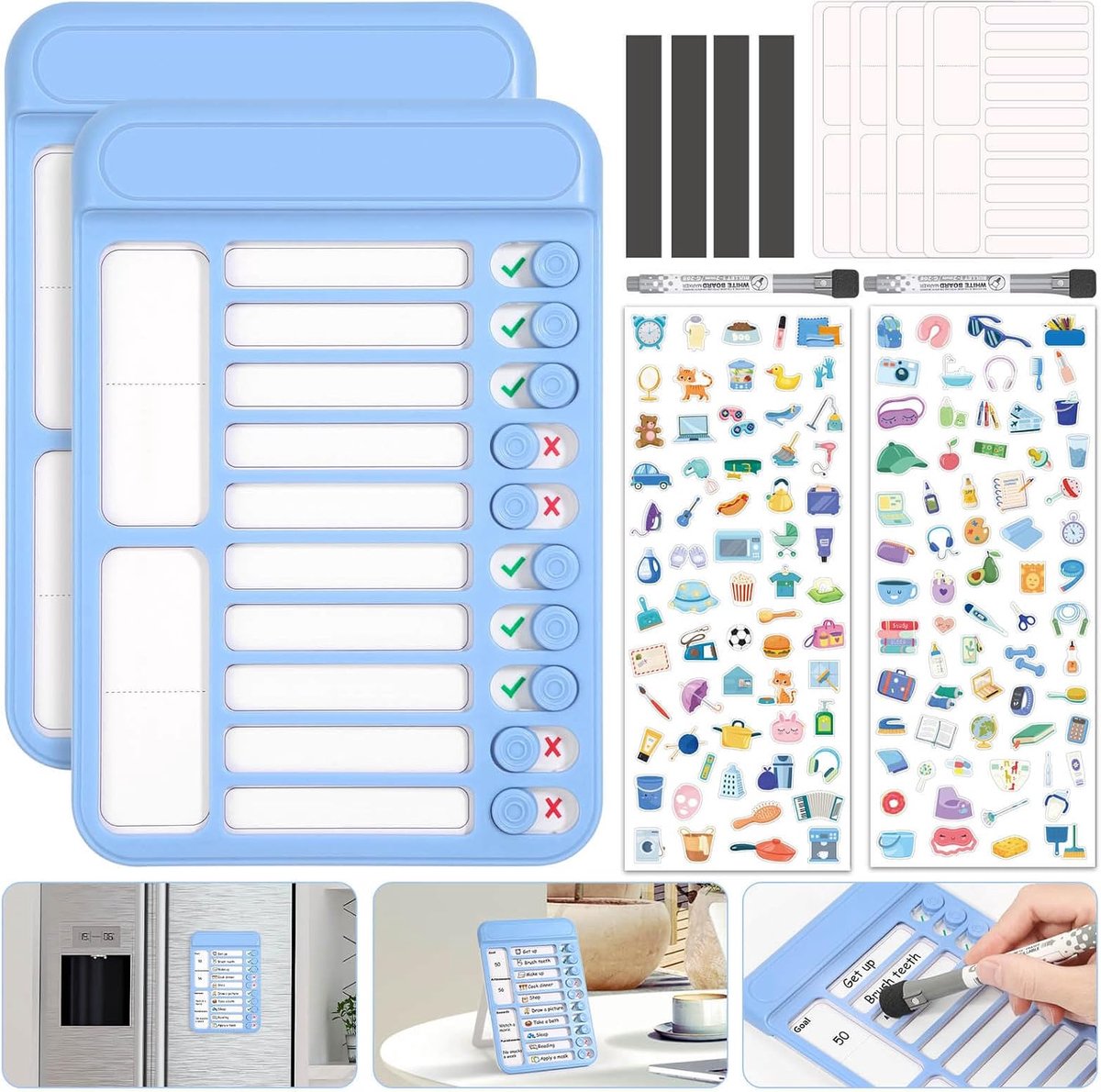 2 stuks droog uitwisbare karweitkaart voor kinderen, magnetisch checklistbord, My Chores Slider Chart to Do List Board, Routine Beloning Grafiek Schedule Board Task Tracker voor Thuis Koelkast