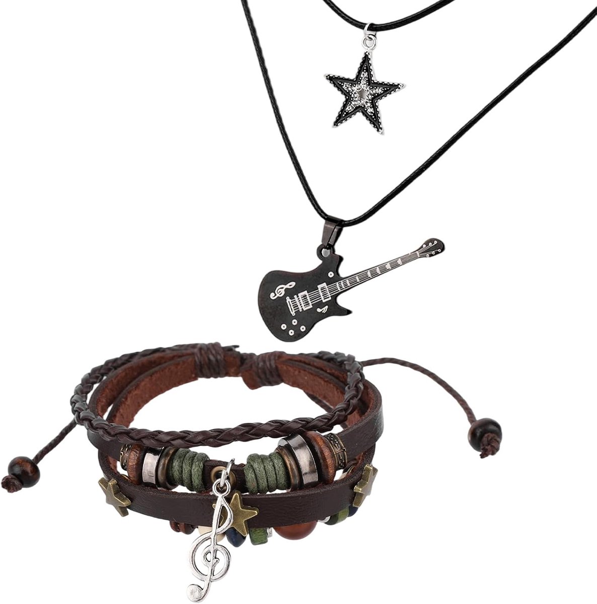 Grunge Ketting en Armband Set, Handgemaakte Meerlaagse Leren Muziek Gevlochten Armband Y2K Ster en Gitaar Ketting Gothic Punk Rock Muziek Sieraden Accessoires voor Vrouwen Mannen