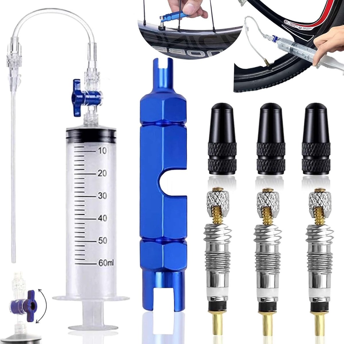 60ml Tyre Sealant Injector, Fiets Sealant Spuit met Valve Core Removal Tool, Tubeless Fiets-afdichtingsspuit en Gereedschap, voor Gebruikt om Mountainbikes, Banden te Repareren