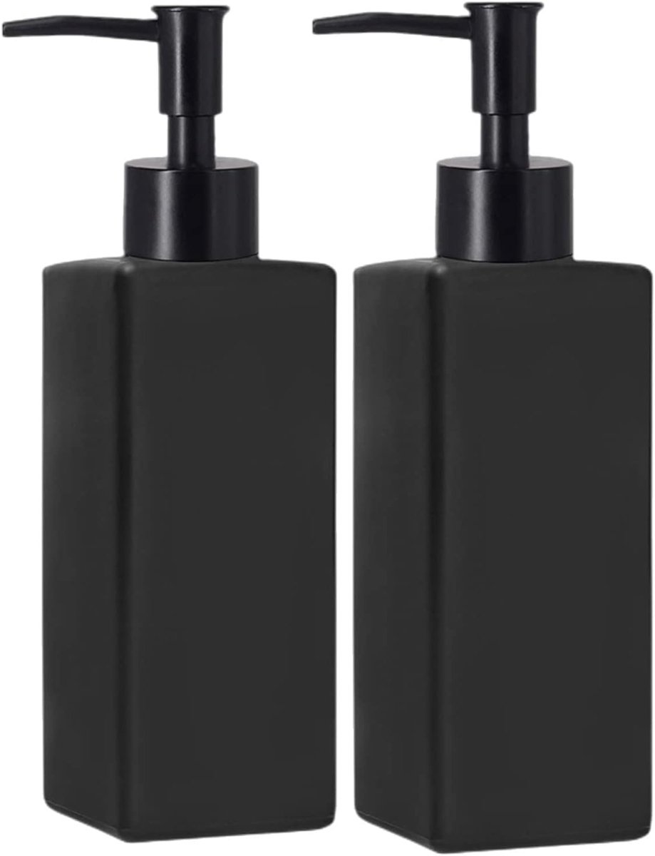 SnelShoppen - 2 Stuks Glazen Zeepdispenser Fles met Pomp, 12 oz Navulbare Vloeibare Handdispenser voor Badkamer, Aanrecht, Keuken, Wasruimte, Matte Zw