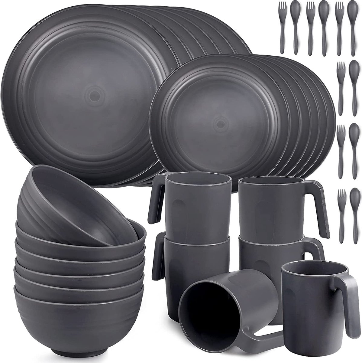 Omgoods - 36-delige Plastic Campingservies Set voor 6 Personen, Grijs