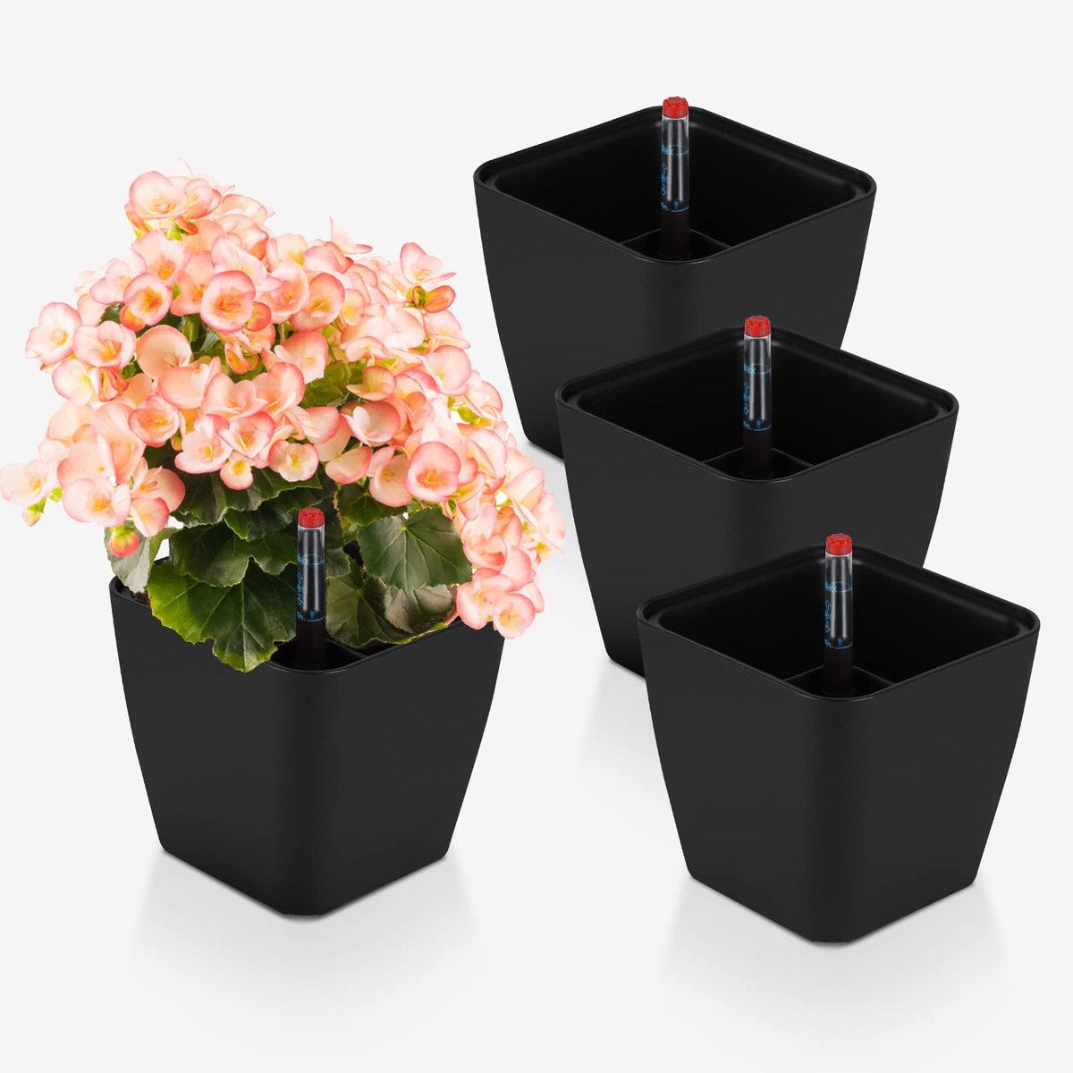 Omgoods - Set van 4 Zelfwatergevende Potten met Waterniveau Indicator Zwart