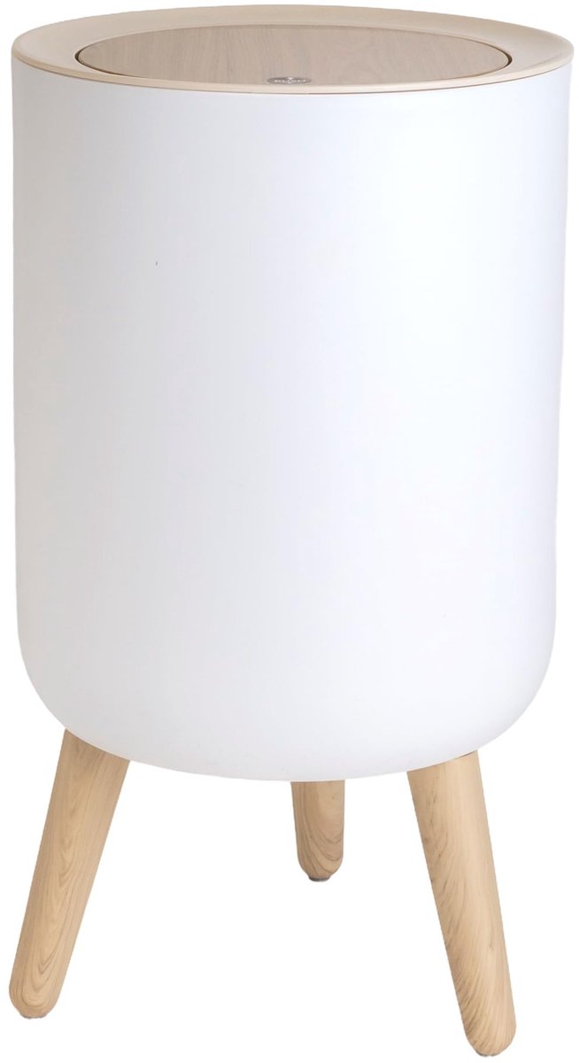 Omgoods - Cosmetische Prullenbak met Drukknop Wit met Beige Deksel