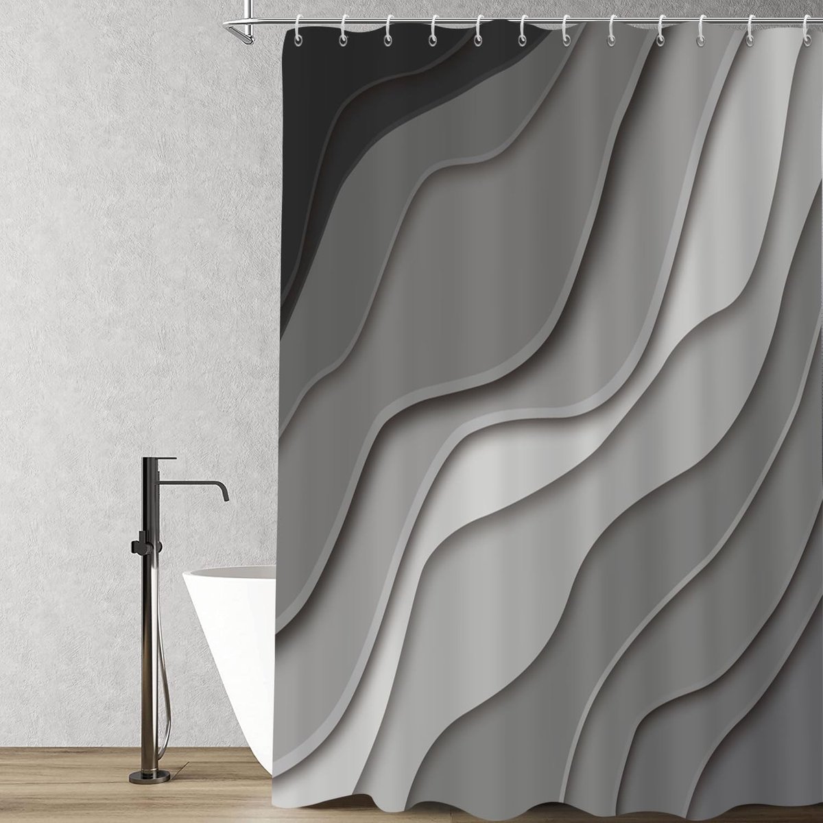 Omgoods - Zwart Douchegordijn met Grijs Ombre en Oceaan Golfpatroon - Waterdicht en Machinewasbaar